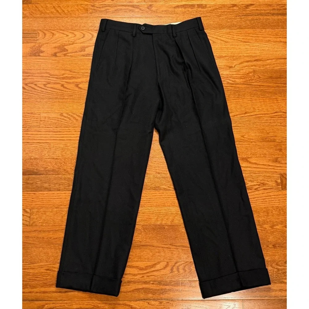 Paul Stuart Dress Pants Fits Mens 30x29 Black Wool Pleated Cuffed Italy Canada